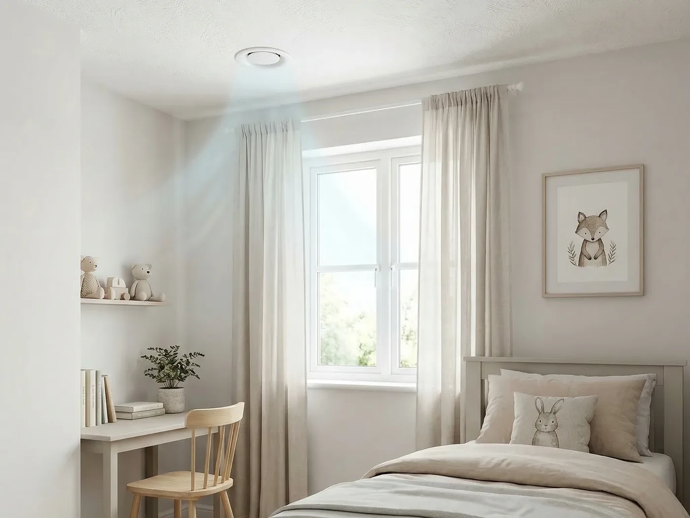 Bedroom with a flush circular ceiling outlet, a desk beside the window and a single bed.