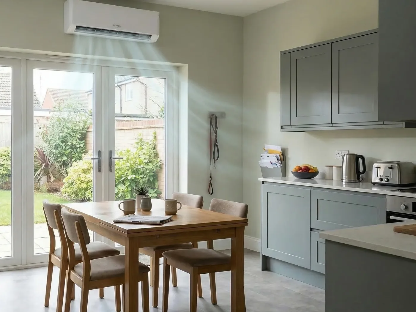 Wall-mounted indoor air conditioning unit above glazed doors in a kitchen and dining room.