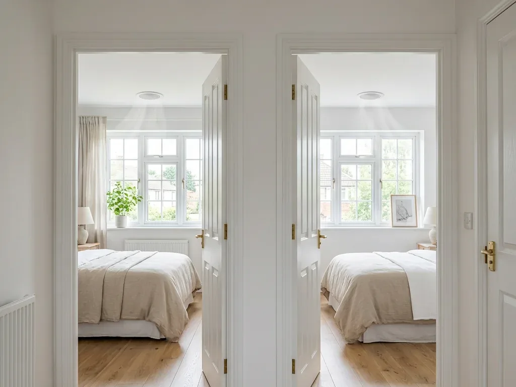 Landing of a house with open doors onto two furnished double bedrooms.