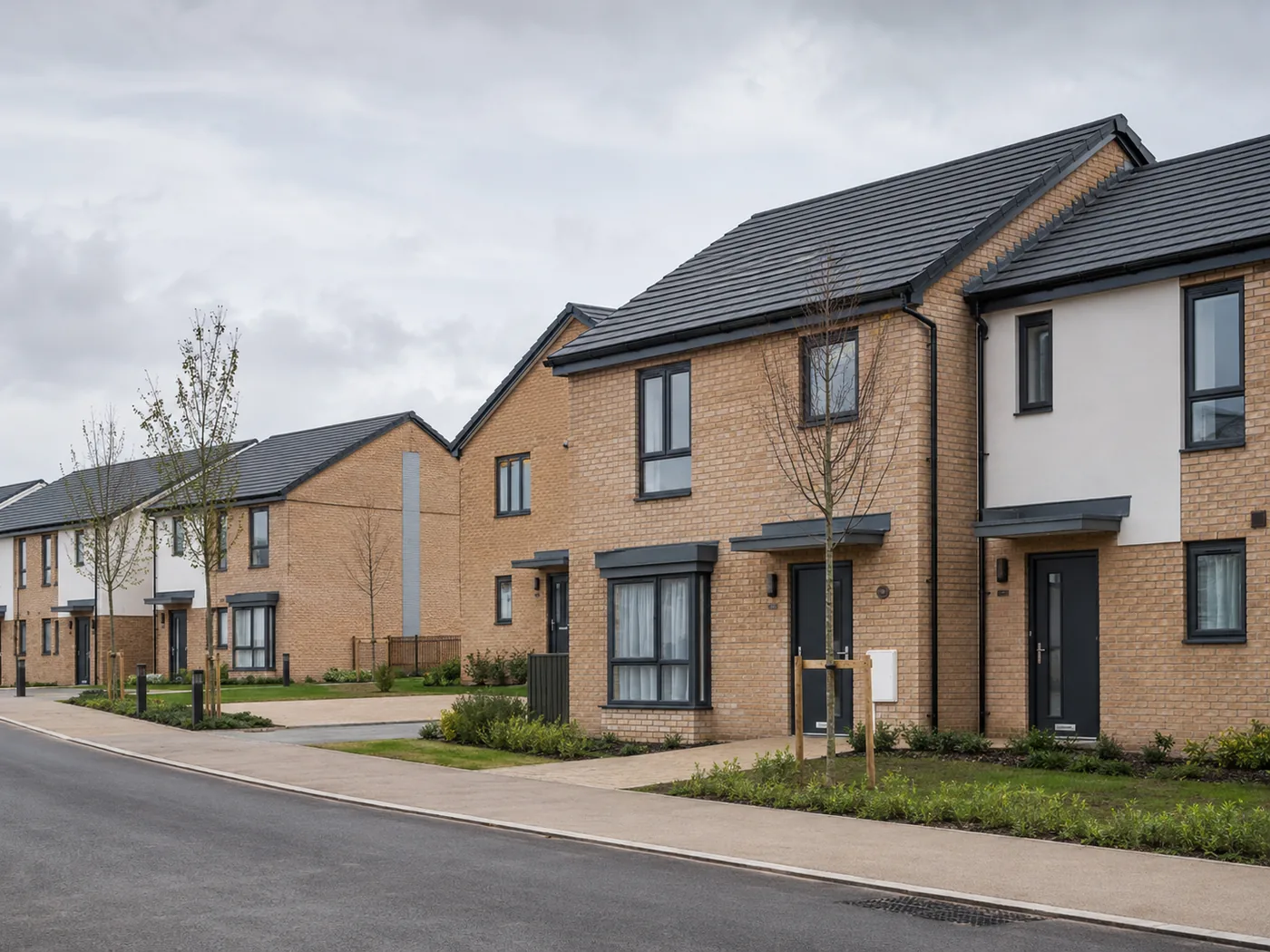 Row of contemporary two-storey houses in buff brick and white render along a pavement with young trees.